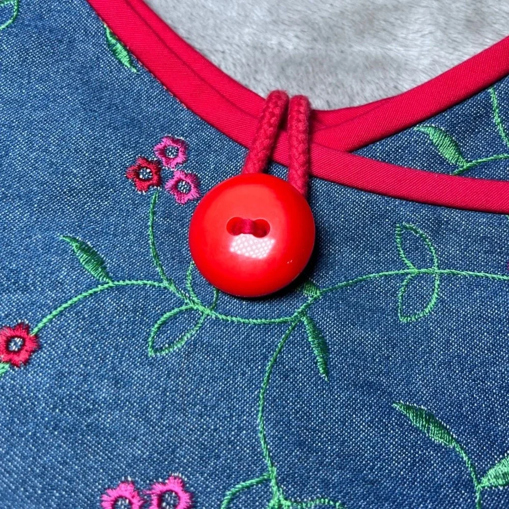 Embroidered Denim Shoulder Bag Floral Print Blue Red Button Hobo Bag Y2K Casual